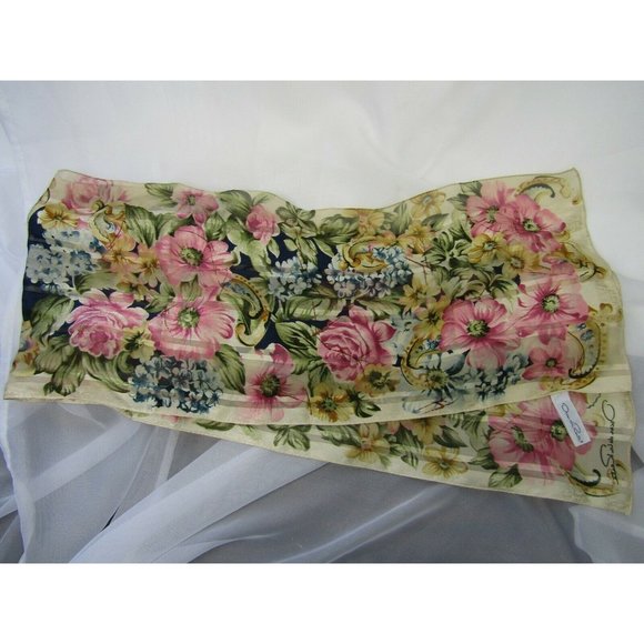 Vintage Oscar De La Renta Silk Scarf Pink Blue Floral Roses Long 52x11 - Picture 4 of 7
